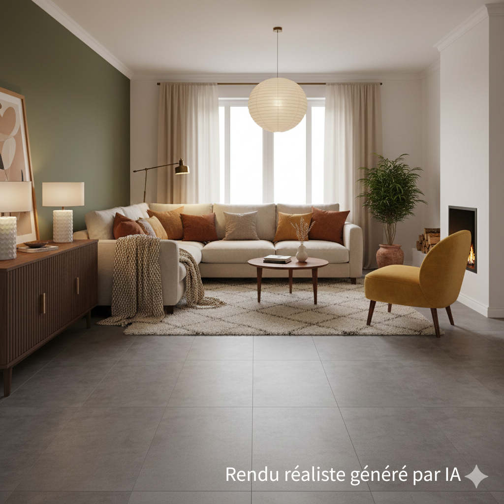 Sol PVC-SPC clipsable Izisol format carrelage - gris moyen classic - rendu réaliste