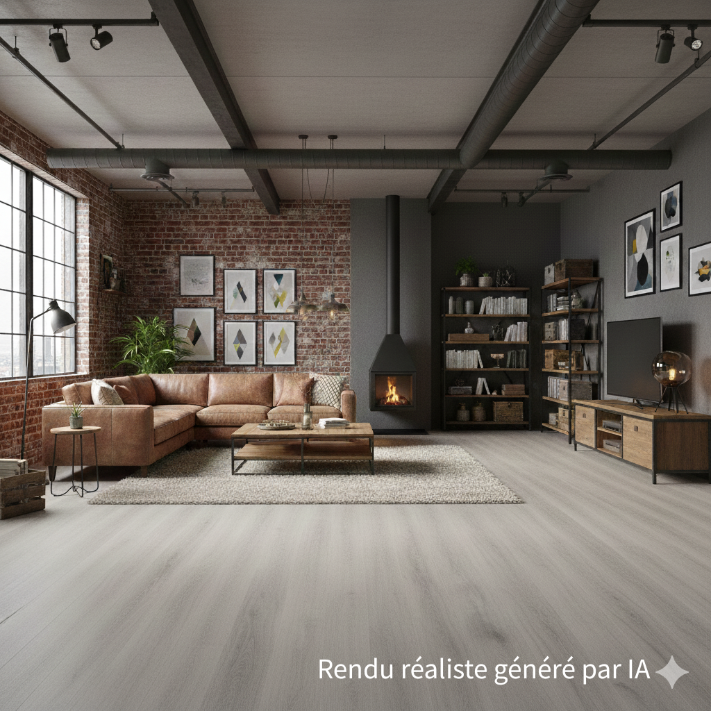 Sol PVC-SPC clipsable Izisol - chêne gris béton - rendu réaliste